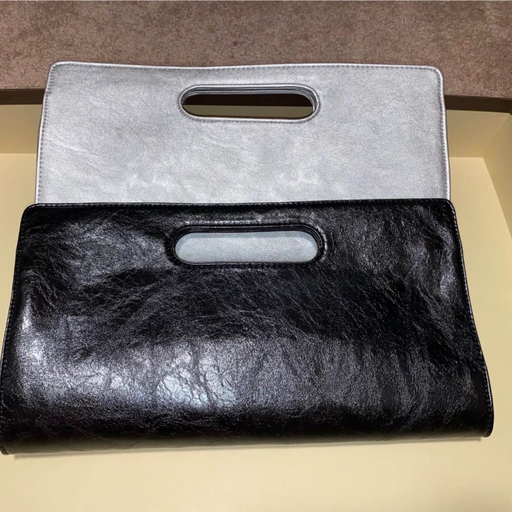 Classic Black Leather Handheld Clutch - Sleek Cutout Handle